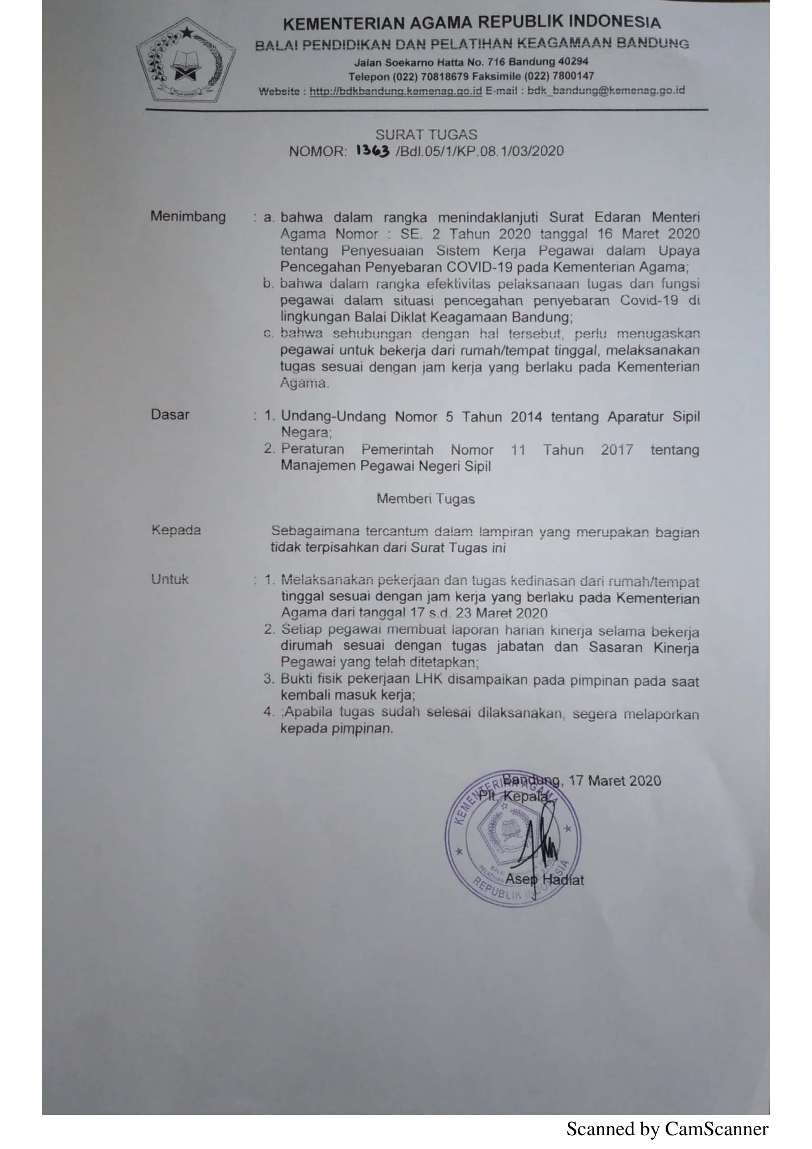 Surat Tugas Penyesuaian Sistem Kerja Pegawai di Lingkungan BDK Bandung